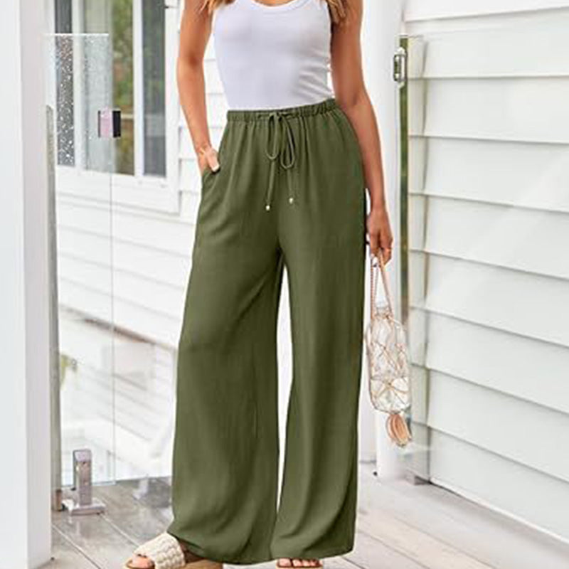 Damen Leinenhose, locker geschnittene Wide-Leg-Hose mit Taschen und Kordelzug, bequem und ideal für Freizeit und Alltag