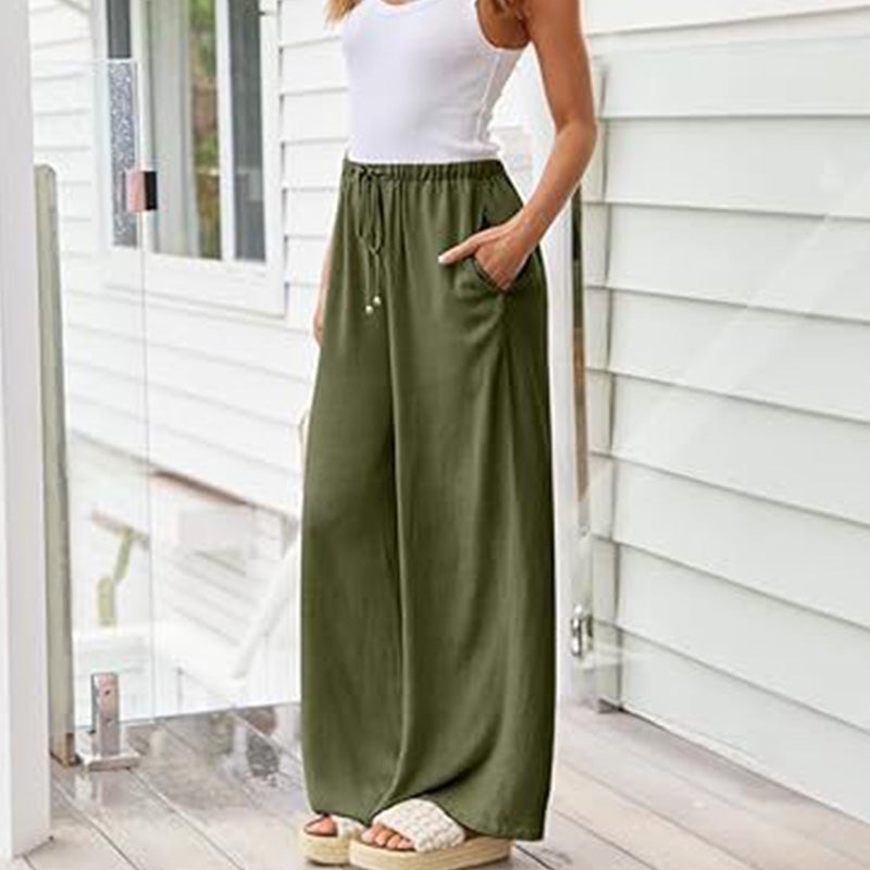 Damen Leinenhose, locker geschnittene Wide-Leg-Hose mit Taschen und Kordelzug, bequem und ideal für Freizeit und Alltag