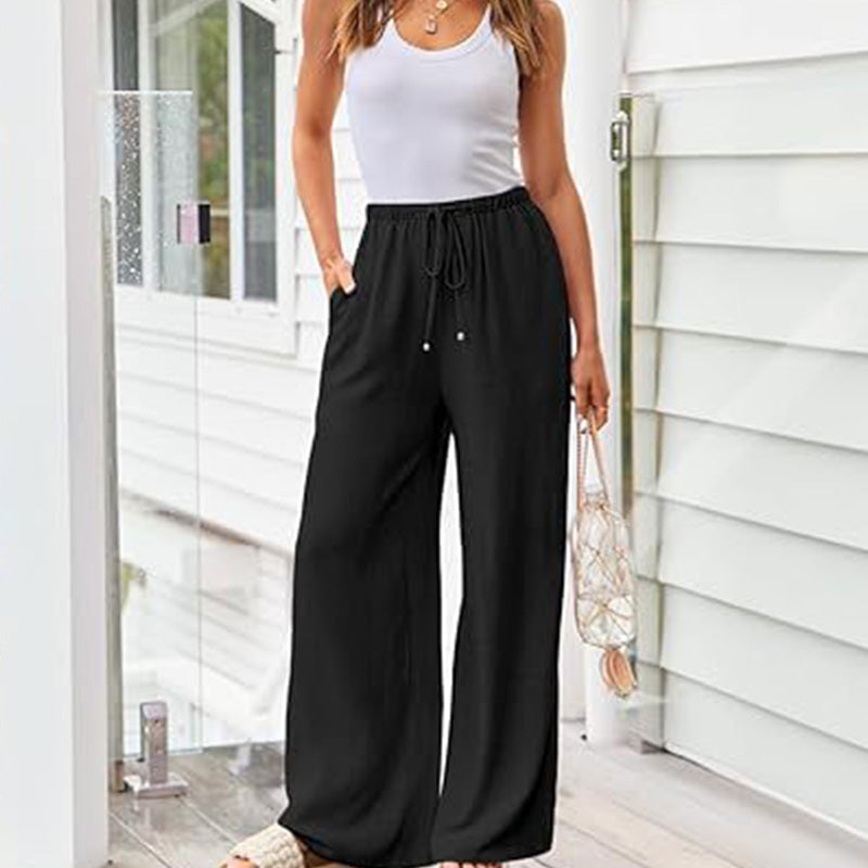 Damen Leinenhose, locker geschnittene Wide-Leg-Hose mit Taschen und Kordelzug, bequem und ideal für Freizeit und Alltag