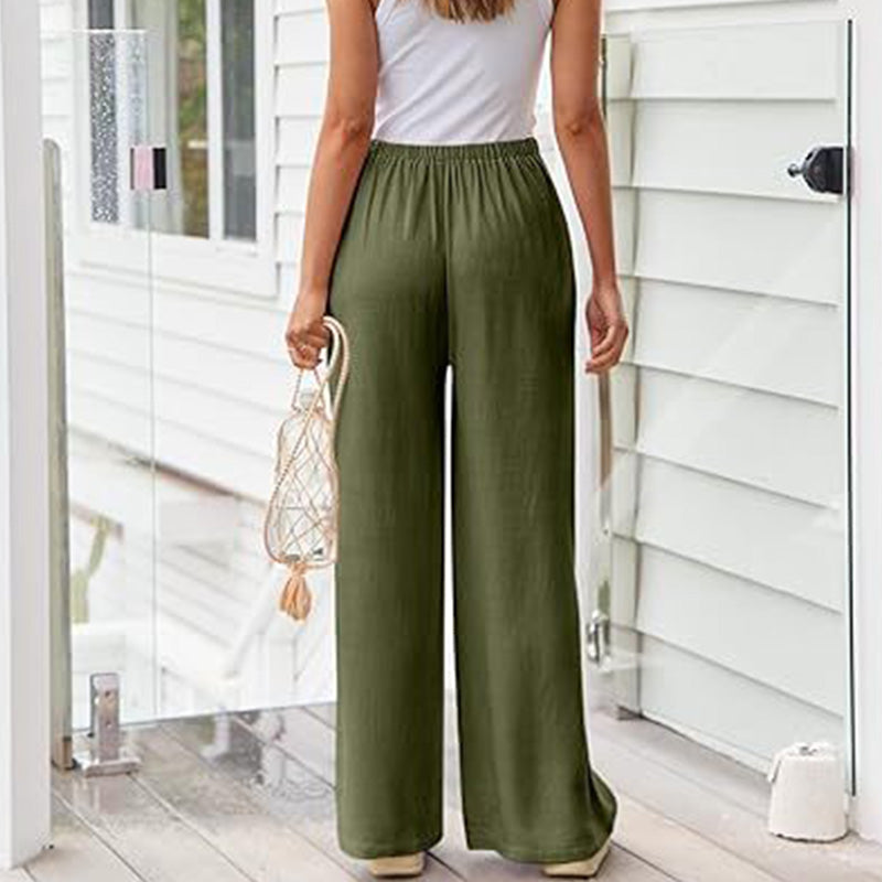 Damen Leinenhose, locker geschnittene Wide-Leg-Hose mit Taschen und Kordelzug, bequem und ideal für Freizeit und Alltag