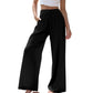 Damen Leinenhose, locker geschnittene Wide-Leg-Hose mit Taschen und Kordelzug, bequem und ideal für Freizeit und Alltag