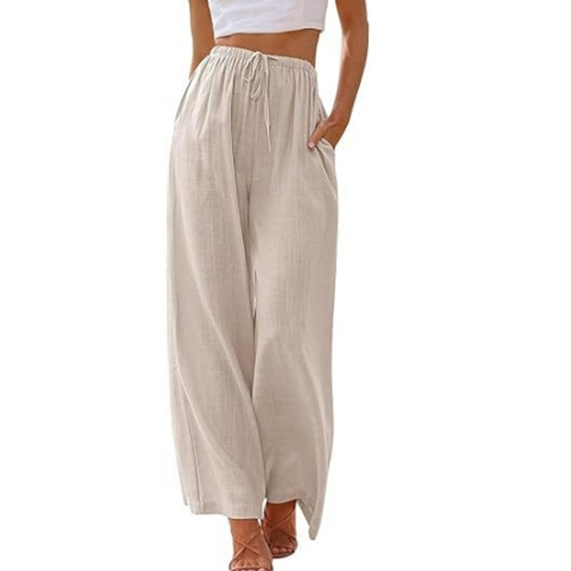 Damen Leinenhose, locker geschnittene Wide-Leg-Hose mit Taschen und Kordelzug, bequem und ideal für Freizeit und Alltag