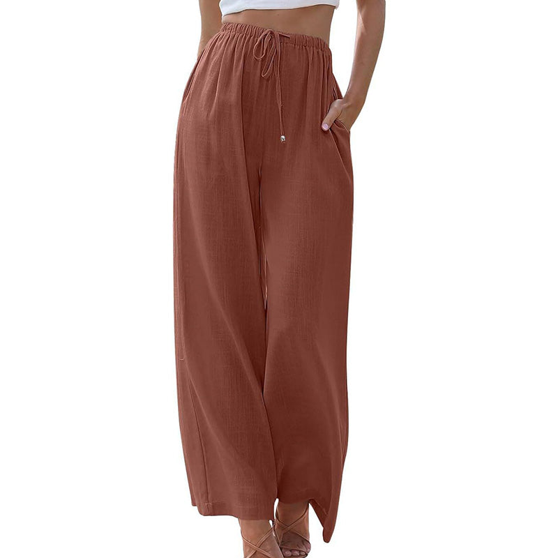 Damen Leinenhose, locker geschnittene Wide-Leg-Hose mit Taschen und Kordelzug, bequem und ideal für Freizeit und Alltag