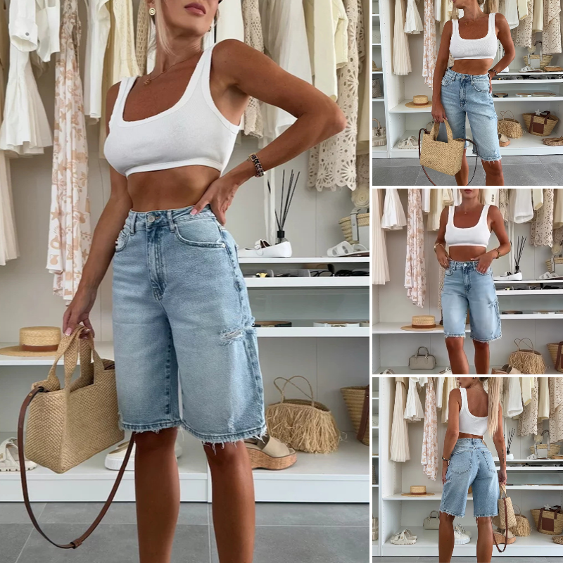 Damen Jeans-Bermudas weit geschnitten mittlerer Länge / knielang mit Used-Optik - gewaschen, mit Löchern, City-Look