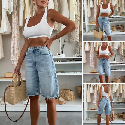 Damen Jeans-Bermudas weit geschnitten mittlerer Länge / knielang mit Used-Optik - gewaschen, mit Löchern, City-Look