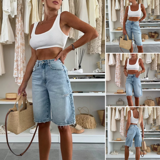 Damen Jeans-Bermudas weit geschnitten mittlerer Länge / knielang mit Used-Optik - gewaschen, mit Löchern, City-Look