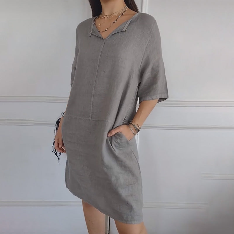 Lässiges, einfarbiges, lockeres Kleid mit V-Ausschnitt für Damen