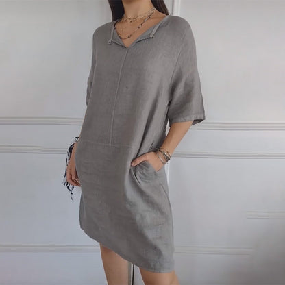 Lässiges, einfarbiges, lockeres Kleid mit V-Ausschnitt für Damen