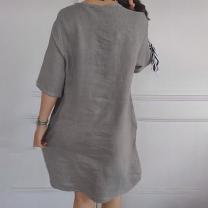 Lässiges, einfarbiges, lockeres Kleid mit V-Ausschnitt für Damen