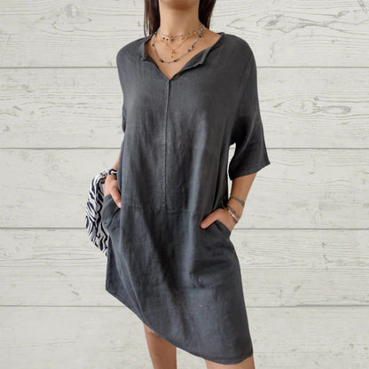 Lässiges, einfarbiges, lockeres Kleid mit V-Ausschnitt für Damen