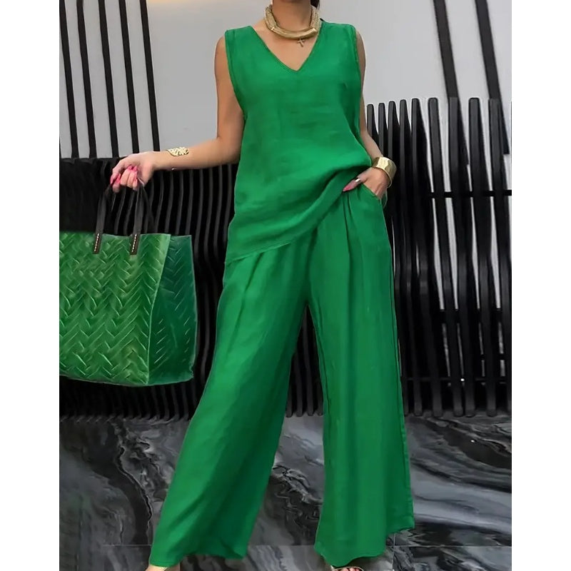 Damen lockeres einfarbiges zweiteiliges Sommer-Set: Ärmelloses Oberteil mit V-Ausschnitt und Weitbeinhose