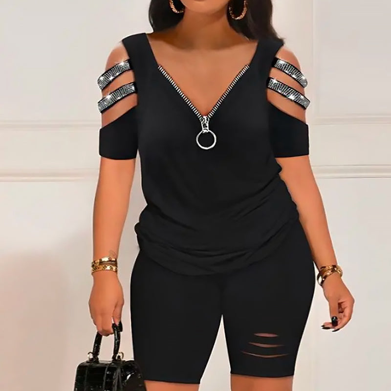 Zweiteiler: V-Ausschnitt-Top mit Reißverschluss und Shorts