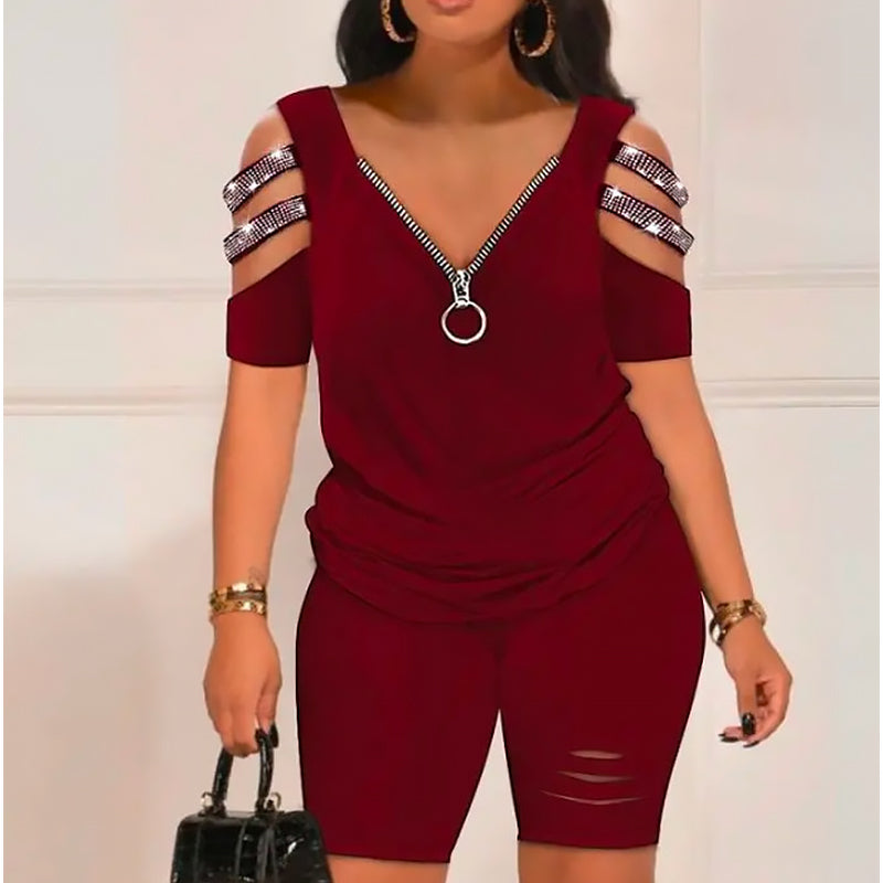 Zweiteiler: V-Ausschnitt-Top mit Reißverschluss und Shorts