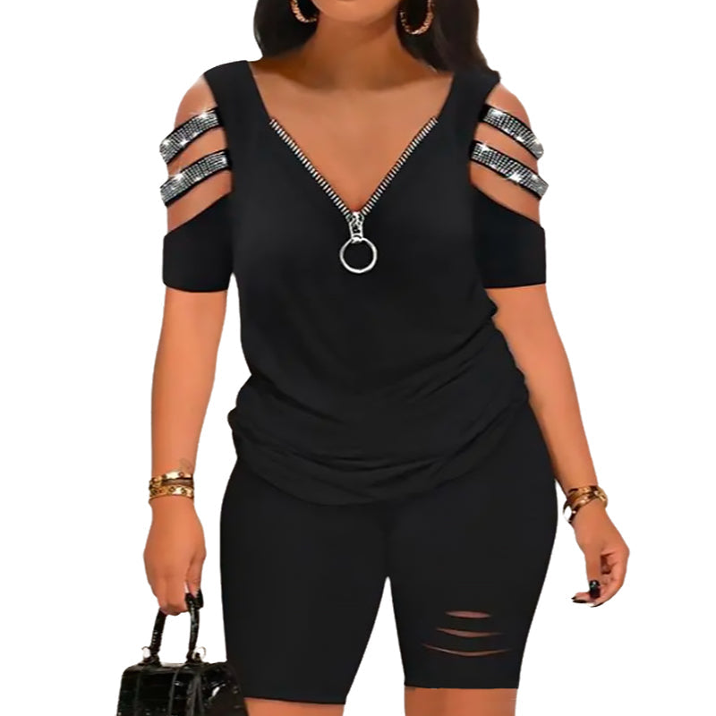 Zweiteiler: V-Ausschnitt-Top mit Reißverschluss und Shorts