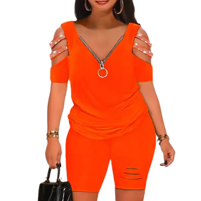 Zweiteiler: V-Ausschnitt-Top mit Reißverschluss und Shorts