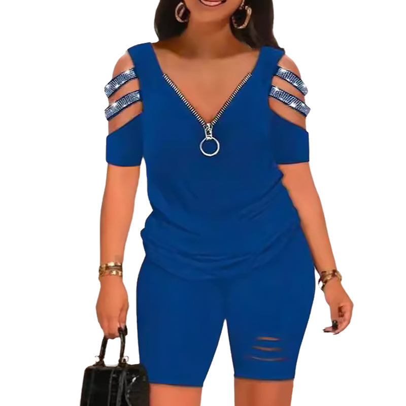 Zweiteiler: V-Ausschnitt-Top mit Reißverschluss und Shorts