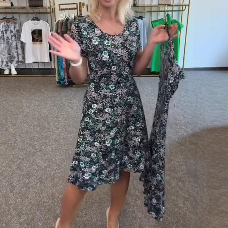 Lässiges Damenkleid mit U-Ausschnitt und Blumenmuster