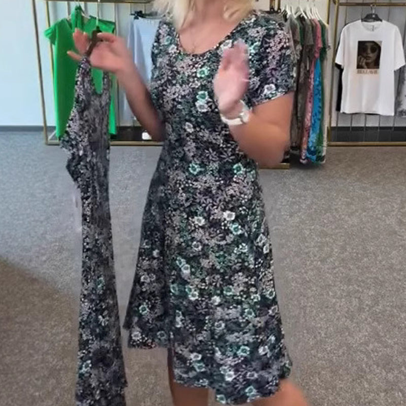 Lässiges Damenkleid mit U-Ausschnitt und Blumenmuster