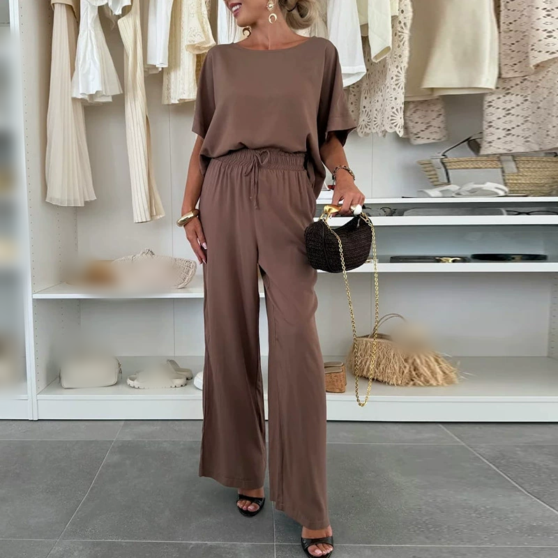 Einfarbiger Zweiteiler mit Kurzarmshirt und Hose mit Kordelzug