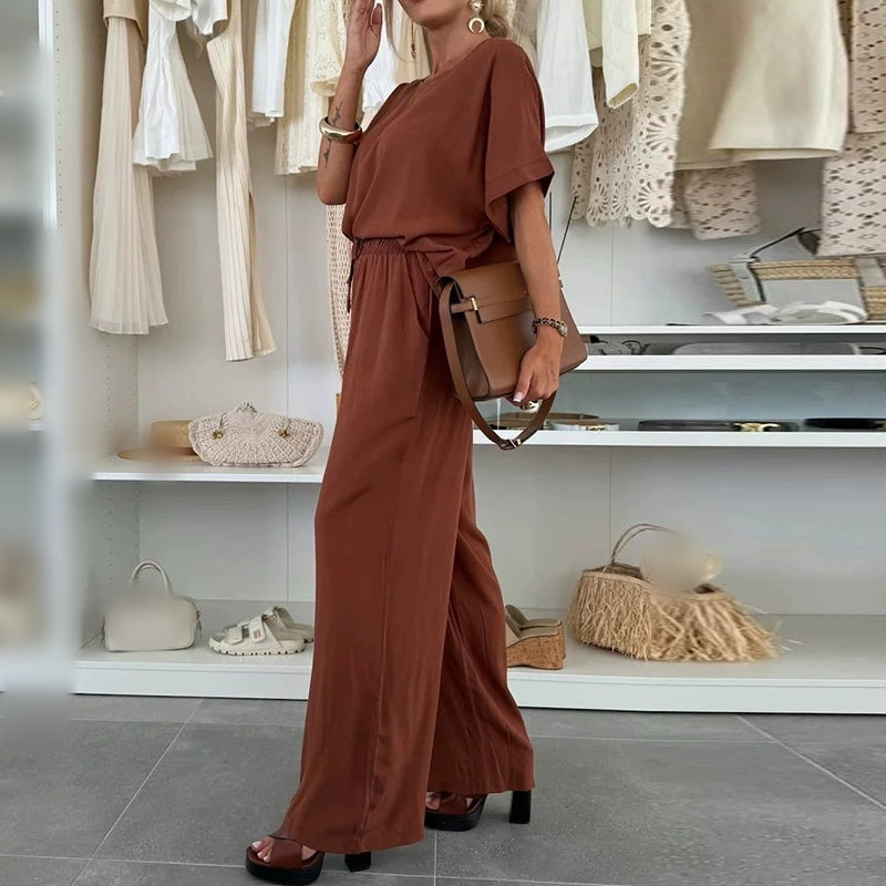 Einfarbiger Zweiteiler mit Kurzarmshirt und Hose mit Kordelzug