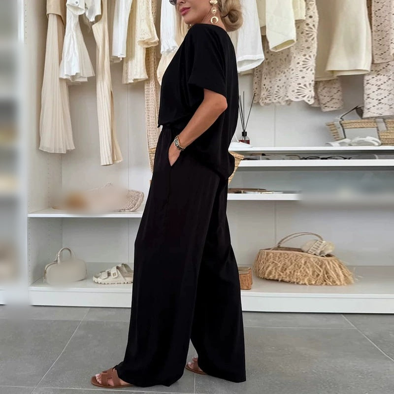 Einfarbiger Zweiteiler mit Kurzarmshirt und Hose mit Kordelzug