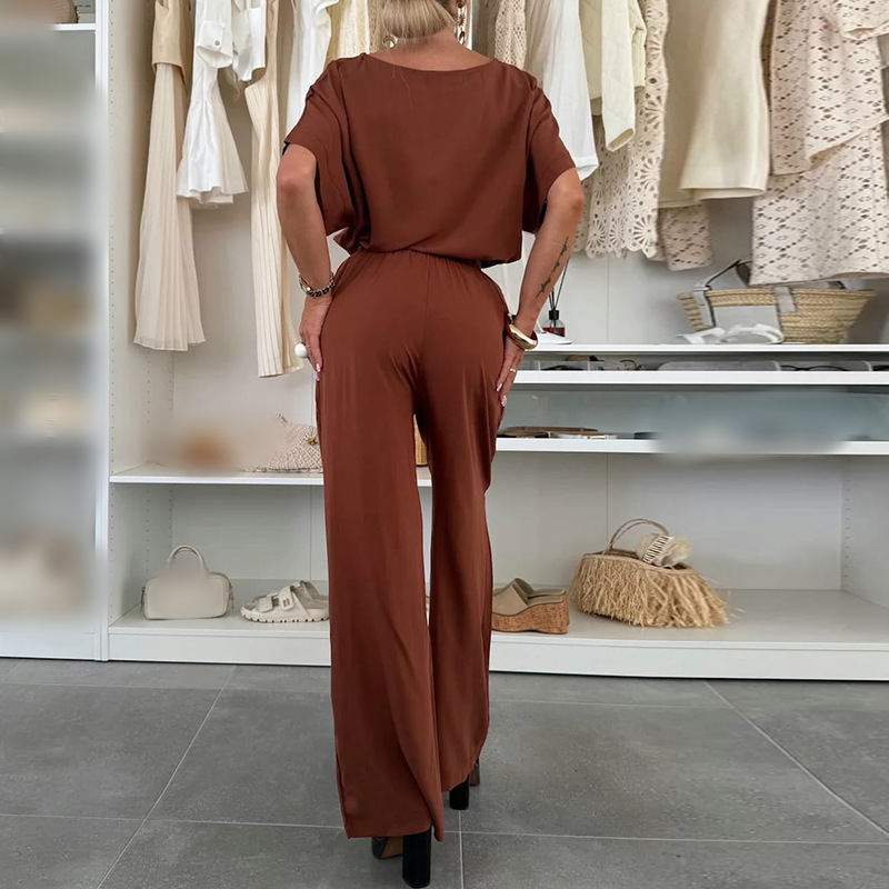 Einfarbiger Zweiteiler mit Kurzarmshirt und Hose mit Kordelzug