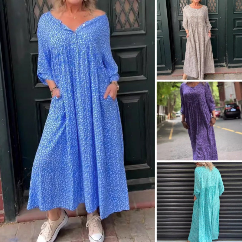 Damenkleid mit Knopfleiste, 3/4-Ärmeln und Punktmuster