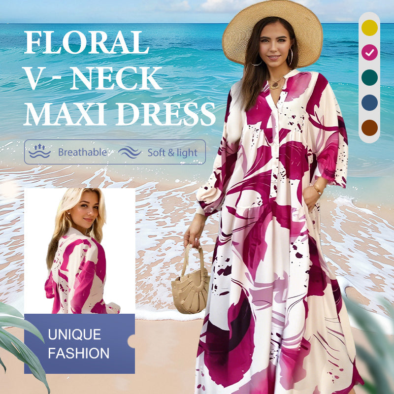 👗🌸 Maxi-Blumenkleid für Damen mit V-Ausschnitt – Fließender Stoff, Romantisches Design & Perfekt für Den Sommer ☀️