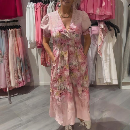 💃✨Elegantes, langes Damenkleid mit Blumenprint und V-Ausschnitt