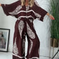 Zweiteiler mit Ethno-Print für Damen: Weit geschnittene Bluse & Hose mit weitem Bein