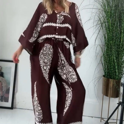 Zweiteiler mit Ethno-Print für Damen: Weit geschnittene Bluse & Hose mit weitem Bein