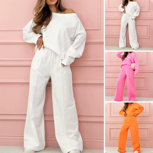 Modisches und minimalistisches Rundhals-Oberteil & Weitbeinige Hose 2-teiliges Set