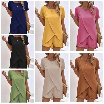 Damen Zweiteiler – asymmetrisches Oberteil & Shorts – einfarbig, luftig & vielseitig – ideal für Sommer, Strand & Alltag