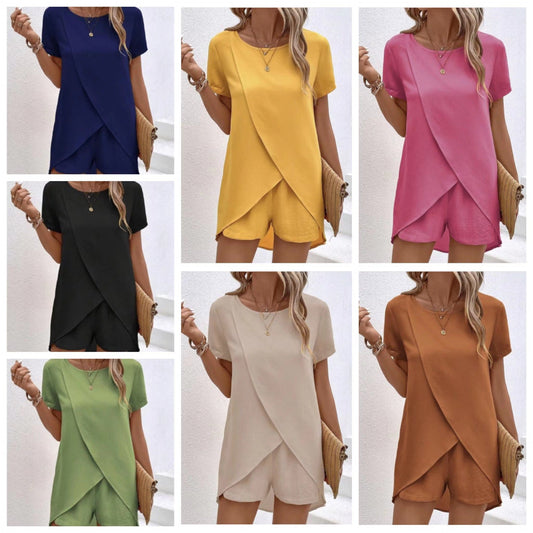 Damen Zweiteiler – asymmetrisches Oberteil & Shorts – einfarbig, luftig & vielseitig – ideal für Sommer, Strand & Alltag