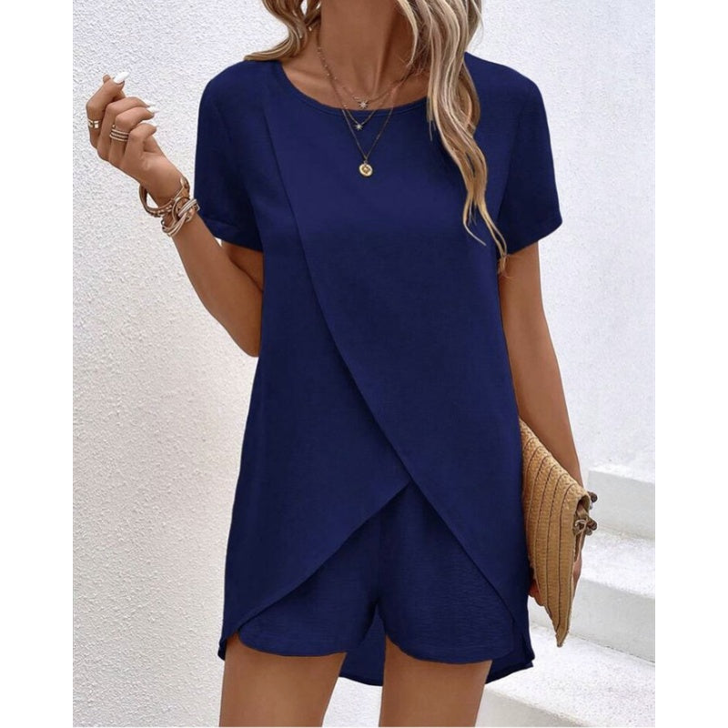 Damen Zweiteiler – asymmetrisches Oberteil & Shorts – einfarbig, luftig & vielseitig – ideal für Sommer, Strand & Alltag