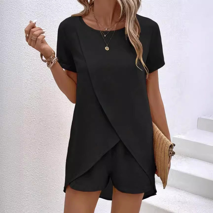 Damen Zweiteiler – asymmetrisches Oberteil & Shorts – einfarbig, luftig & vielseitig – ideal für Sommer, Strand & Alltag