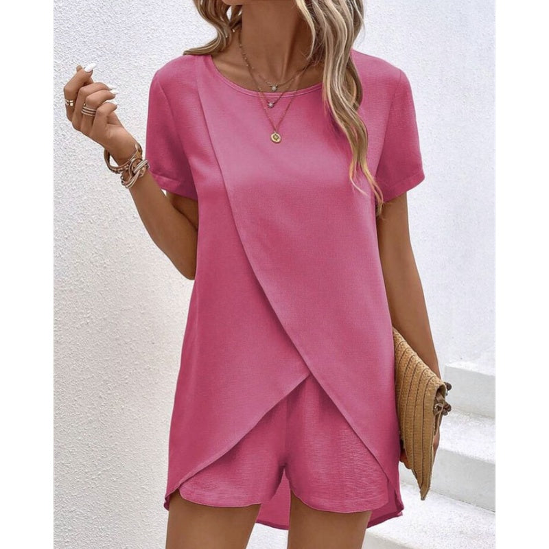 Damen Zweiteiler – asymmetrisches Oberteil & Shorts – einfarbig, luftig & vielseitig – ideal für Sommer, Strand & Alltag