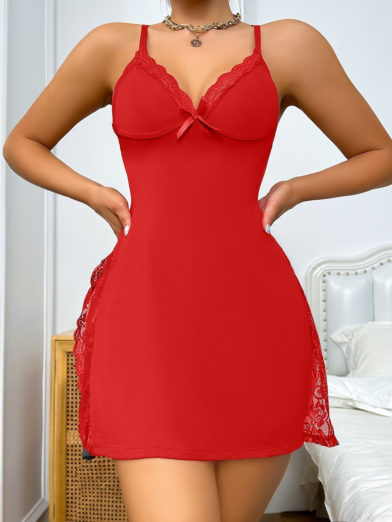 ⏳Begrenzte Zeit 50% Rabatt💥Mit Spitze besetzte Schlitzausschnitt-Bow-Sexy-Kleid