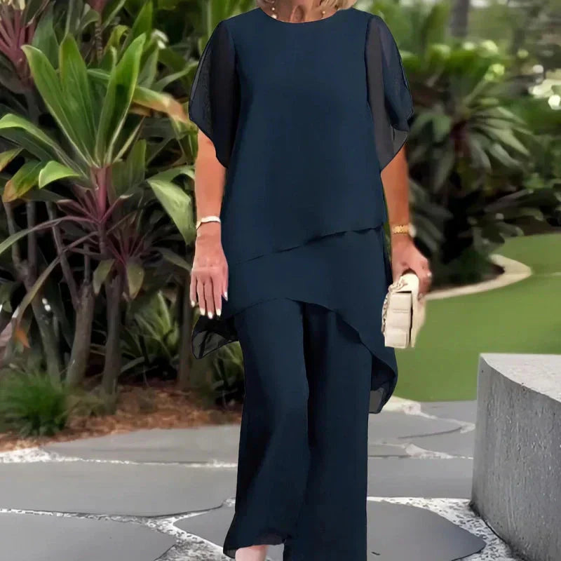 💎 50% RABATT! 💎 Damen-Chiffon-Zweiteiler – Asymmetrisches Doppellagiges Top & Weite Hose, Atmungsaktiv & Elegant für Frühling & Urlaub 🌸👗