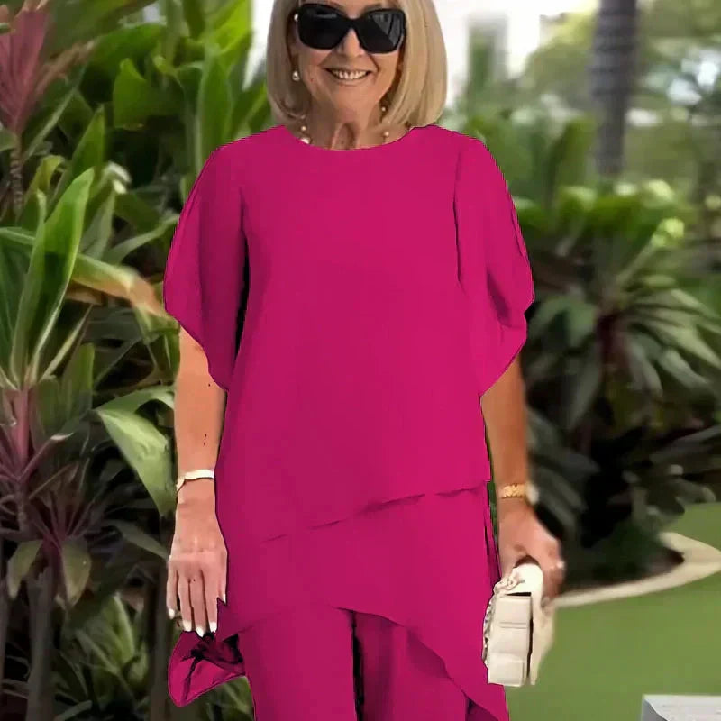 💎 50% RABATT! 💎 Damen-Chiffon-Zweiteiler – Asymmetrisches Doppellagiges Top & Weite Hose, Atmungsaktiv & Elegant für Frühling & Urlaub 🌸👗
