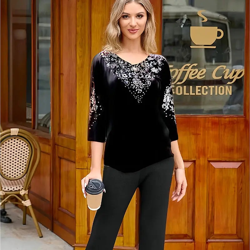 Damen Samt-Zweiteiler mit 3/4-Ärmeln – Ideal für Herbst & Winter🍂