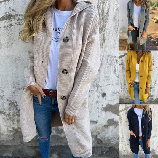Damen Strickjacke mit Kapuze und Knopfleiste