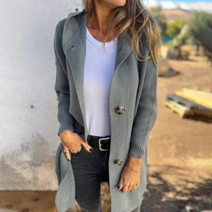 Damen Strickjacke mit Kapuze und Knopfleiste