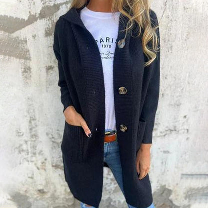 Damen Strickjacke mit Kapuze und Knopfleiste