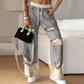 Patchwork-Denim-Elastic-Kordelzug-Hose mit weitem Bein