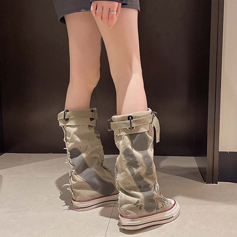 Flache Retro-Stiefel aus Canvas mit mittlerem Schaft für Damen