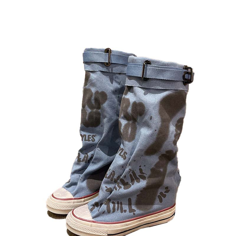Flache Retro-Stiefel aus Canvas mit mittlerem Schaft für Damen
