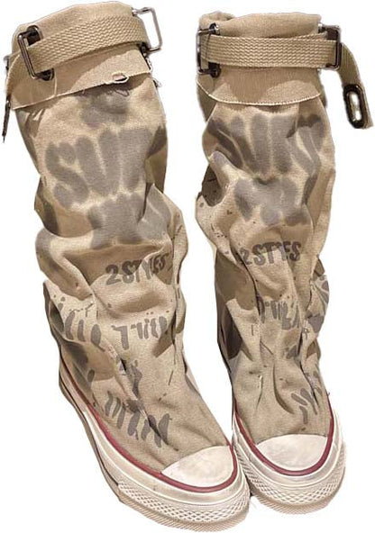 Flache Retro-Stiefel aus Canvas mit mittlerem Schaft für Damen