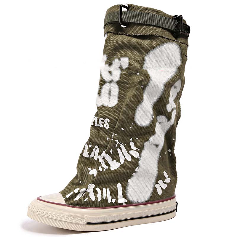 Flache Retro-Stiefel aus Canvas mit mittlerem Schaft für Damen