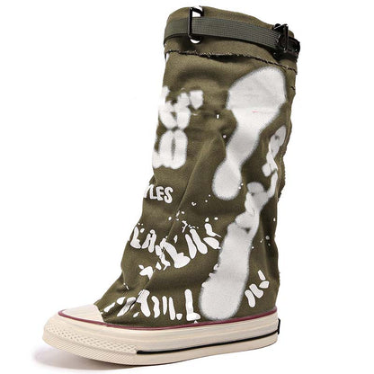 Flache Retro-Stiefel aus Canvas mit mittlerem Schaft für Damen